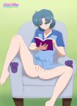 1_girl 1girl ami_mizuno barefoot bespectacled bishoujo_senshi_sailor_moon blue_eyes blue_hair book bottomless breasts chair female glasses mizuno_ami no_panties no_shoes partially_clothed pussy sailor_mercury sailor_moon sailormoonpixxx short_hair sitting solo spread_legs