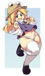  1girl bad_id belly blonde_hair female fundoshi grey_eyes hair hair_ribbon hat headgear long_hair long_sleeves midriff moriya_suwako navel no_pants open_mouth plump ribbon shirt smile solo standing_on_one_leg stockings thighhighs touhou ushi vest white_legwear 