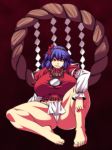 1girl breasts feet female hair_ornament huge_breasts legs loincloth no_pants no_skirt panties purple_hair red_eyes sitting solo spread_legs toes touhou underwear ushi white_panties yasaka_kanako