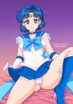  1_girl 1girl ami_mizuno bed bishoujo_senshi_sailor_moon blue_choker blue_eyes blue_hair blue_skirt boots breasts burbur burburart choker clothed elbow_gloves female gloves heeled_boots high_heel_boots hypnotized indoors looking_at_viewer mizuno_ami on_bed panties pussy sailor_mercury sailor_moon serafuku short_hair skirt skirt_lift solo tiara upskirt white_panties 