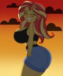  closed_eyes equestria_girls gigantic_ass gigantic_breasts hourglass_figure humanized mashoart multicolored_hair my_little_pony smile sunset_shimmer sunset_shimmer_(eg) 