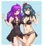  1girl 2_girls alluring alternate_costume bikini black_bikini black_swimsuit blue_eyes blue_hair byleth_(fire_emblem) byleth_(fire_emblem)_(female) female_only fire_emblem fire_emblem:_three_houses fire_emblem_heroes fire_emblem_warriors fire_emblem_warriors:_three_hopes hair_over_one_eye long_hair multiple_girls nintendo official_alternate_costume one-piece_swimsuit purple_eyes purple_hair shez_(fire_emblem) shez_(fire_emblem)_(female) smile swimsuit teal_hair v zipperqr 