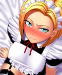 1girl alternate_costume amase amase_(yagami666) android_18 apron black_legwear blonde_hair blue_eyes blush covered_nipples dragon_ball dragon_ball_z earrings enmaided erect_nipples from_above garters hair jewelry maid maid_headdress ribbon short_hair solo stockings thighhighs