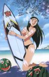  beach bikini black_hair food fruit giant_robo ginrei long_hair swimsuit topless watermelon 