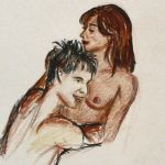  1girl breasts crayon_(medium) hugging john_sheppard nipples stargate stargate_atlantis teyla_emmagan topless topless_female traditional_media_(artwork) 