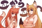  2girls animal_ears breast_envy breasts chizuru_minamoto cleavage crossover fox_ears hisahiko holo horo kanokon minamoto_chizuru multiple_girls no_nipples nude spice_and_wolf tail tenko_kuugen translation_request wagaya_no_oinari-sama wolf_ears wolf_tail 