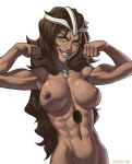 armpits arrancar bleach breasts brown_hair dark_skin flex green_eyes grin large_breasts long_hair mila_rose muscle navel nipples nude sefuart speh