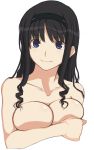  1girl amagami black_hair blue_eyes breast_hold breast_squeeze breasts bust hairband haruka_morishima kamimiya long_hair morishima_haruka nude smile solo topless upper_body 