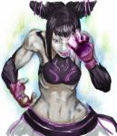 1girl aura bad_id bare_shoulders belt black_hair capcom detached_sleeves drill_hair elbow_gloves fingerless_gloves gloves glowing glowing_eye halter_top halterneck hidesuke juri_han midriff navel purple_eyes solo street_fighter street_fighter_iv street_fighter_iv_(series) super_street_fighter_iv tongue twin_drills