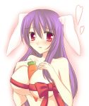 animal_ears between_breasts breasts bunny_ears carrot eyebrows female highres large_breasts mimana purple_hair red_eyes reisen_udongein_inaba ribbon sexually_suggestive touhou