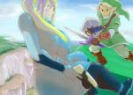 1boy 1girl blonde_hair blue_eyes breasts female fighting huge_breasts link long_hair metroid nintendo samus_aran shield super_smash_bros. sword the_legend_of_zelda weapon