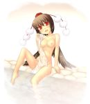  1girl aya_shameimaru barefoot breasts breasts_apart brown_hair female hat nu_(plastic_eraser) nude onsen plastic_eraser pussy red_eyes see-through shameimaru_aya short_hair solo tokin_hat touhou towel uncensored wet wings 