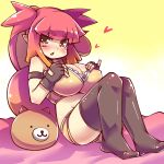 1girl bare_shoulders black bra breasts female fingerless_gloves ginku_mh gloves gradient_hair huge_breasts legs long_hair multicolored_hair red_hair shorts sitting solo stockings thighhighs twin_tails twintails underwear yellow_eyes