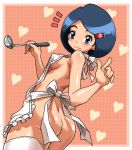 1girl apron ass ayako_(pokemon) blue_eyes blue_hair blush breasts butt_crack heart housewife hun index_finger_raised johanna ladle looking_at_viewer looking_back lowres milf naked_apron naked_thighhighs nude pokemom pokemon short_hair sideboob smile solo stockings thighhighs zettai_ryouiki