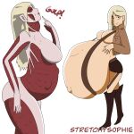  2_girls attack_on_titan belly_bulge belly_expansion blonde_hair closed_eyes evil_clone evil_twin female_titan jacket jacket_open looking_at_viewer original_character pointy_ears purple_eyes smirk stretchysophie vore 