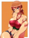 1girl bad_id bare_shoulders belly breast_squeeze breasts brown_eyes brown_hair cleavage denim denim_shorts hair halter_top halterneck huge_breasts hun midriff nami navel one_piece short_twintails shorts solo tattoo twin_tails twintails unzipped