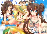  3_girls 5boys barrette bel_(pokemon) bikini bikini_skirt blonde_hair blue_eyes blush breasts brown_hair cheren_(pokemon) cleavage closed_eyes collarbone double_bun flower frilled_bikini frills front-tie_top glasses green_eyes hand_in_hair hat hat_flower hue_(pokemon) innertube irouha kyouhei_(pokemon) leaning_forward long_hair mei_(pokemon) multiple_boys multiple_girls n_(pokemon) oshawott pokemon pokemon_(game) pokemon_bw pokemon_bw2 ponytail sandals semi-rimless_glasses side-tie_bikini smile snivy straw_hat sunglasses swimsuit tepig touko_(pokemon) touya_(pokemon) twin_tails very_long_hair wink wristband 