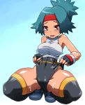  1girl bad_id blue_hair breasts brown_eyes creatures_(company) game_freak hinata_(pokemon) humans_of_pokemon hun large_breasts leotard nintendo padded_gloves pokemon pokemon_(anime) pokemon_(game) pokemon_ranger pokemon_rse pokemon_ruby_sapphire_&amp;_emerald porkyman red_eyes shoes sneakers solana solo stockings sweat teal_eyes thick_thighs thighhighs thighs wide_hips 