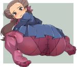  1girl ass back-seamed_legwear bad_id blush brown_hair cameltoe crotch_seam fat_mons feet folded grey_background gym_leader huge_ass hun long_hair panties panties_under_pantyhose pantyhose pink_legwear pink_pantyhose pokemon pokemon_(game) pokemon_rse ribbon roxanne seamed_legwear simple_background soles solo tsutsuji_(pokemon) twin_tails twintails underwear white_border 