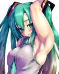 1girl arm_up armpits between_breasts breasts ginku_mh green_eyes green_hair haseru hatsune_miku high_res highres long_hair miku_hatsune muscle neck_tie necktie simple_background solo vocaloid white_background