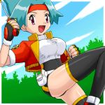  1girl bike_shorts blue_hair breasts gloves headband hinata_(pokemon) holster legs lowres nintendo pokemoa pokemon pokemon_ranger pokemon_ranger_(game) purple_eyes shoes skin_tight skintight sneakers soara solana solo spandex stockings thigh-highs thighhighs tight tight_clothes uniform violet_eyes 