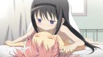 2girls akemi_homura bed_sheet closed_eyes colored hair high_res kaname_madoka letterboxed mahou_shoujo_madoka_magica multiple_girls sex sheet_grab stockings yuri