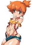 1girl bad_id belly blush breasts cleavage erect_nipples green_eyes hair hand_in_pants hand_in_shorts hun kasumi_(pokemon) masturbation midriff navel no_panties orange_hair pokemon ponytail shorts simple_background solo suspenders sweat underboob white_background