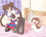  2_girls bed black_legwear blue_eyes blush brown_hair clerk_(pokemon) double_bun feet gizen_yasan grin hair laughing long_hair mei_(pokemon) multiple_girls on_back pantyhose pantyhose_tickling pokemon pokemon_(game) pokemon_bw2 pokewood smile tickling twin_tails very_long_hair yuri 