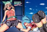 2girls bike_shorts bukkake cum hair haruka_(pokemon) hinata_(pokemon) hisui_(stapspats) multiple_girls photoshop pokemon pokemon_(game) pokemon_emerald pokemon_ranger pokemon_ranger_(game) pokemon_rse spats stapspats stapspats_(artist) wink