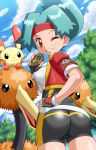  1girl ass bike_shorts blue_hair blush cameltoe doduo erect_nipples fingerless_gloves gloves hand_on_hip headband hinata_(pokemon) hips looking_back nature nintendo one_eye_closed open_clothes open_shirt plusle pokemoa pokemon pokemon_ranger pokemon_ranger_(game) red_eyes shirt skin_tight soara spandex sweat tight uniform wink 