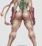 1girl ass ass_crack ass_focus blonde_hair cammy_white cutesexyrobutts feet_out_of_frame fit_female gloves legs_apart leotard pose solo_female street_fighter street_fighter_ii tattoo thick_thighs thighs thong twin_braids