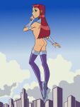 alien alien_girl alien_humanoid ass back_view boots fairfaxer flying green_eyes koriand'r long_hair nude orange_skin public_nudity red_hair redhead sideboob starfire superheroine tamaranean teen_titans