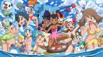   &gt;o&lt; 1boy 6+girls :q anger_vein ass big_breasts bikini bikini_top_removed blue_eyes blue_hair blush bow breasts brown_eyes brown_hair censored choker cleavage closed_eyes convenient_censoring covering dark_skin dent_(pokemon) emolga fraxure frilled_bikini frills gyarados haruka_(pokemon) hat headband headphones dawn hinata_(pokemon) iris_(pokemon) jewelry kasumi_(pokemon) kotone_(pokemon) lapras long_hair marill marina_(pokemon) meloetta misdreavus multiple_girls navel necklace one-piece_swimsuit open_mouth orange_hair oshawott piplup plusle pokemon purple_hair red_eyes satoko_(pokemon) shorts side_ponytail small_breasts soara stunfisk surfing sweatdrop swimsuit togetic tongue trap wading water water_gun  