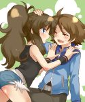 1boy 1girl blue_eyes brown_hair closed_eyes denim denim_shorts hair hand_on_another's_head hand_on_head high_ponytail irouha jacket long_hair no_hat no_headwear open_mouth pokemon pokemon_(game) pokemon_bw short_hair shorts sweatdrop touko_(pokemon) touya_(pokemon) vest wristband