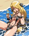  1girl bad_id bandeau_bikini beach belly blonde_hair brown_eyes curvy eye_contact fat_mons food hair hair_over_one_eye hun ice_cream long_hair looking_at_another lowres midriff navel pokemon pokemon_(game) pokemon_dppt saliva shirona_(pokemon) sling_bikini small_waist solo swimsuit tongue water 