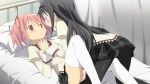 2girls akemi_homura bed_sheet closed_eyes colored hair high_res kaname_madoka letterboxed mahou_shoujo_madoka_magica multiple_girls sex sheet_grab stockings yuri