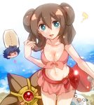 ... 1boy 1girl ? ball beach beachball bikini bikini_shorts black_hair blue_eyes bow breasts brown_hair cleavage double_bun front-tie_top hue_(pokemon) irouha looking_at_viewer mei_(pokemon) navel o_o ocean oshawott poke_ball_theme pokemon pokemon_(game) pokemon_bw2 red_eyes short_hair spiked_hair staryu swimsuit twin_tails twintails