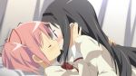 2girls akemi_homura bed_sheet closed_eyes colored hair high_res kaname_madoka letterboxed mahou_shoujo_madoka_magica multiple_girls sex sheet_grab stockings yuri