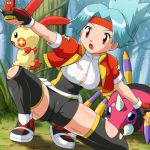  1girl ariados bike_shorts blue_hair breasts capture_styler erect_nipples gloves grass headband hinata_(pokemon) legs lowres nintendo plusle pokemoa pokemon pokemon_ranger pokemon_ranger_(game) purple_eyes shoes skin_tight sneakers soara solana spandex squatting stockings thighhighs tight tight_clothes torn_clothes tree uniform 