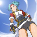  1girl belt blue_hair breasts brown_eyes capture_styler fingerless_gloves from_below gloves headband high_res hinata_(pokemon) holster kakkii pokemon pokemon_ranger pokemon_ranger_(game) sky solo spandex tight uniform 