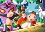 all_fours ass bent_over bike_shorts blue_hair breasts cleavage gloves headband hinata_(pokemon) lowres open_clothes open_shirt pokemoa pokemon purple_eyes shirt skin_tight soara solana spandex stockings thighhighs tight tight_clothes torn_clothes uniform