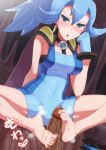  1girl barefoot blue_eyes blue_hair blush breasts cape censored earrings feet footjob gloves gym_leader hetero ibuki_(pokemon) jewelry long_hair open_mouth penis pointless_censoring pokemon pokemon_(game) pokemon_hgss ponytail solo_focus steam sweat sweatdrop toes toranoe unitard 