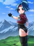 1girl ass blue_hair bule fingerless_gloves gloves headband hinata_(pokemon) jacket leotard mountain pokemon pokemon_ranger red_eyes scenery short_hair solo stockings thighhighs thumbs_up