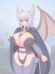  1girl 57mm alma_elma arumaeruma breasts cameltoe cape curvy demon_girl erect_nipples female high_res highres horns huge_breasts huge_nipples long_hair mon-musu_quest! monster_girl navel panties pointy_ears red_eyes silver_hair solo standing stockings succubus tattoo thighhighs underwear wide_hips wings 