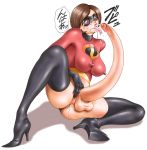  autofellatio decensored disney dusty_heaven elastigirl female futanari high_heels milf penis pixar short_hair the_incredibles thigh_high_boots uncensored white_background 