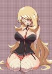 1girl amputeee bandage bandages bdsm big_breasts blindfold blonde_hair bondage bottomless bound breasts bustier frills gag gagged garter_straps hips hun improvised_gag large_breasts leash lingerie long_hair pokemon rope saliva shirona_(pokemon) solo sweat tape tube underwear very_long_hair wide_hips