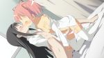 2girls akemi_homura bed_sheet closed_eyes colored hair high_res kaname_madoka letterboxed mahou_shoujo_madoka_magica multiple_girls sex sheet_grab stockings yuri