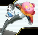 +_+ 1girl :3 barefoot capri_pants female grey_eyes grey_hair kicking kirby kirby_(series) long_hair motion_blur navel pants ponytail smile spandex super_smash_bros. tank_top trainer_(wii_fit) white_skin wii_fit wii_fit_trainer zelc-face