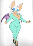  1girl animal_ears anthro bat_wings blue_eyes bodysuit breasts cleavage furry high_heels large_breasts lipstick looking_to_the_side makeup mascara omegasunburst rouge_the_bat sega smile tail wings 