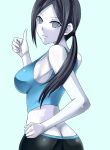 1girl ass bare_shoulders black_hair breasts butt_crack capri_pants empty_eyes female from_behind grey_eyes hand_on_hip large_breasts long_hair looking_back megane_man pale_skin pants ponytail smile solo spandex super_smash_bros. tank_top thumbs_up trainer_(wii_fit) white_skin wii_fit wii_fit_trainer